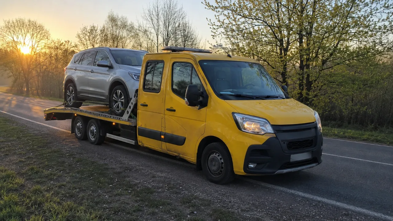 Laweta HOL-ZGIERZ 24 z SUV-em na platformie o wschodzie słońca – Zgierz